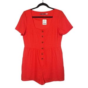 UO URBAN RENEWAL 100% Linen Red Orange Button Front Short Sleeve Romper M NWT